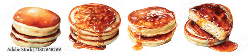 Fluffy stacked dorayaki pancakes with butter, syrup, and filling, Japanese sweets watercolor set isolated on transparent background