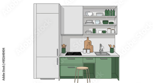 Illustration of a modern kitchen interior with green cabinets, white countertops, and a stool, featuring various kitchen utensils and appliances.