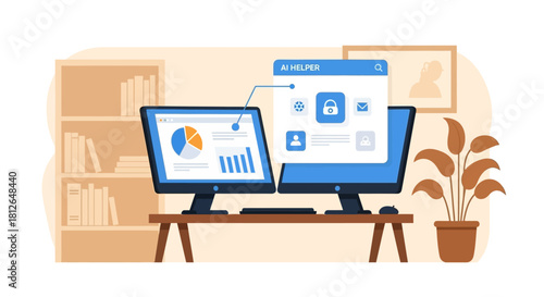 Flat lay illustration of two computer monitors on a desk with a plant and bookshelf in the background, displaying graphs and a website.