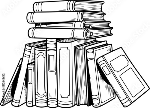 Stack of books in various sizes illustrated in black and white  