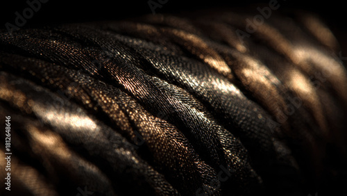 Dark, braided material, possibly cable or rope, shimmering with golden and bronze highlights, showcasing intricate texture and dramatic lighting.