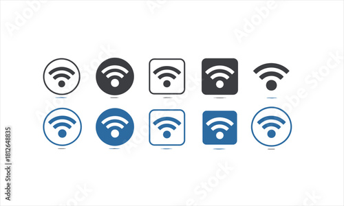 Diverse style wifi symbols display wireless connectivity indicators in both black and blue with transparent backgrounds