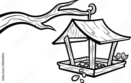 Wooden bird feeder hanging from tree branch with seeds inside  