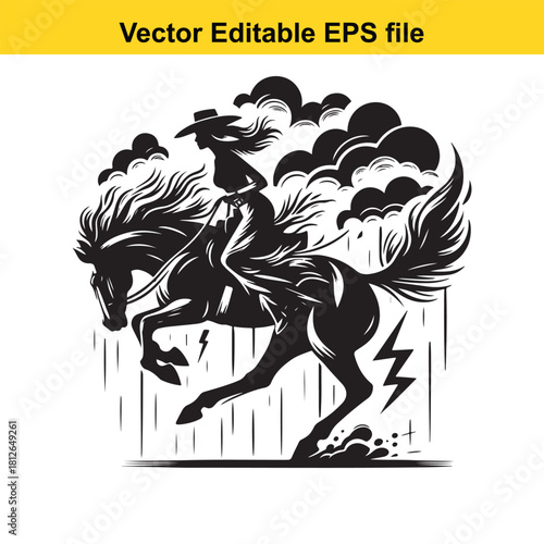 Wild cowgirl riding rearing horse with dramatic cloud and lightning