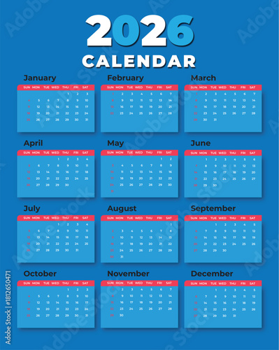 2016 calendar with monthly grids.  A blue background features the year 2026 and a grid of twelve monthly calendars, each with red headers.