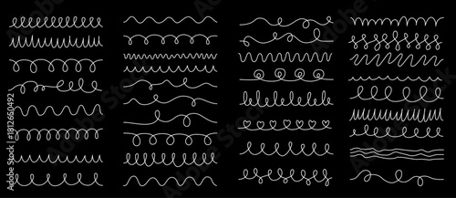 Seamless Lines Set, White Crayon Wavy Lines, Doodle Curly Pattern Brushes for Illustrator 