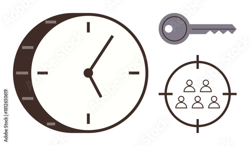 Clock symbolizes time, key represents secure access, and a target around team signifies goal alignment. Ideal for productivity, teamwork, strategy, success, time optimization, security simple flat