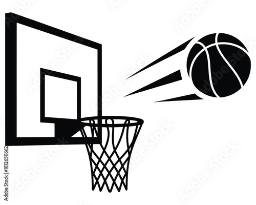 Basketball flying toward the hoop for a score, energetic sports action design, athletic concept artwork, digital graphic for apps, websites, posters, m