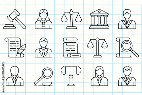 Collection of legal and justice icons in a clean line art style