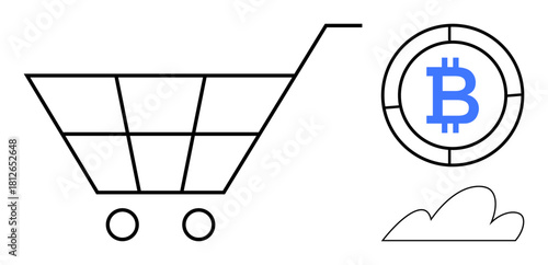 Shopping cart, Bitcoin coin, and a cloud emphasize e-commerce, cryptocurrency, digital payments, online shopping. Ideal for finance, tech, blockchain innovation investment virtual markets simple