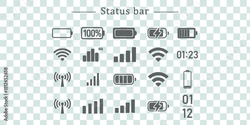 Battery, signal, wifi icons, simple design. Status bar icon phone signal wifi battery icon vector illustration on transparent background