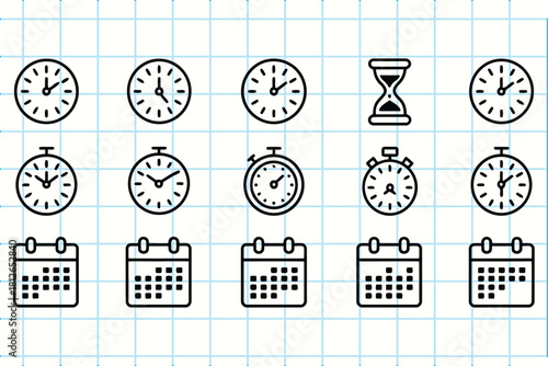 Collection of doodle style clocks hourglass and calendar icons on grid paper