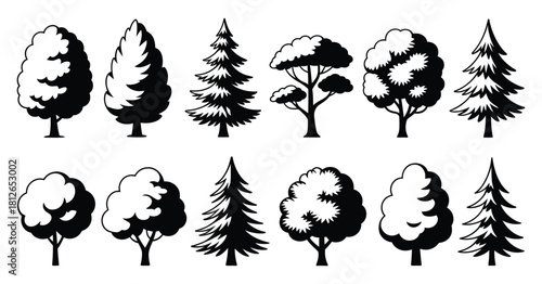 CAD tree line drawing in side view, set of graphic tree elements and hand-sketched silhouettes, detailed vector collection suitable for architects, landscape designers, garden planning, environmental 