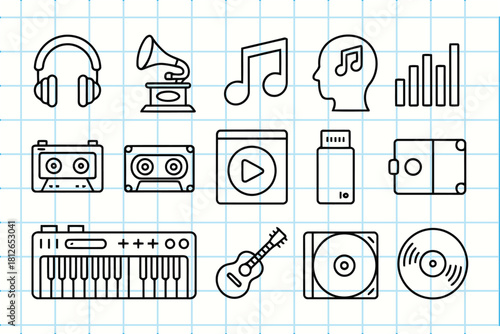 Collection of hand drawn music icons on a grid background