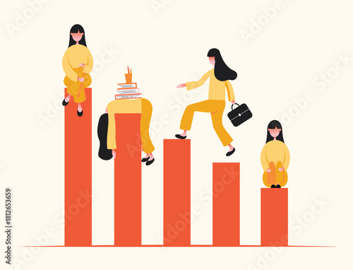 Business growth and career progress illustration with women characters on bar chart