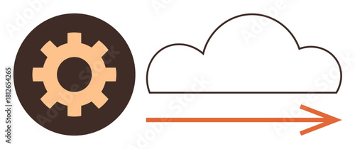 Gear inside a circle, cloud outline, and arrow pointing right symbolize technology, cloud integration, forward motion, innovation, efficient workflow, digital transformation, and automation in