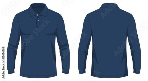 Technical Fashion Illustration of Men's Long Sleeve Navy Blue Polo Shirt Template (Front and Back View)