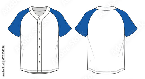 Technical Fashion Illustration of Men's Short Sleeve Baseball Jersey Raglan T-Shirt Template (Front and Back View)