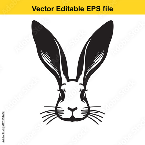 Black and white vector illustration of a hare head with long ears