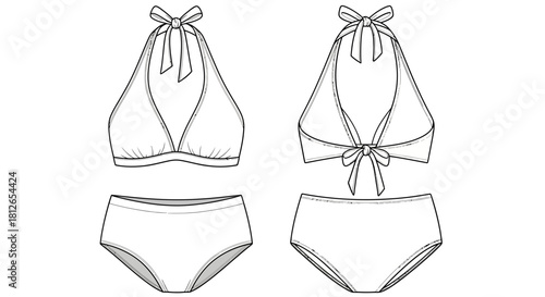 Technical Flat Sketch of Halter Neck Bikini Top and High-Waist Bottom Set Fashion Vector