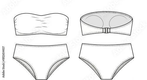 Technical Flat Sketch of Bandeau Bikini Top and High-Waist Bottom Set Fashion Vector