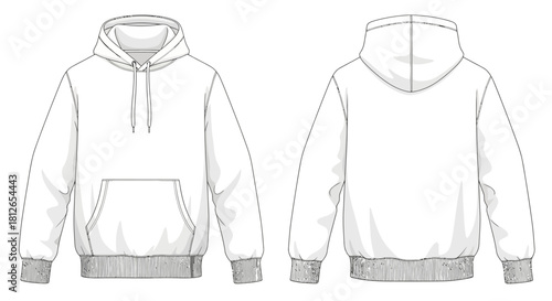 Technical Flat Sketch of Classic Pullover Hoodie Sweatshirt with Kangaroo Pocket Front and Back