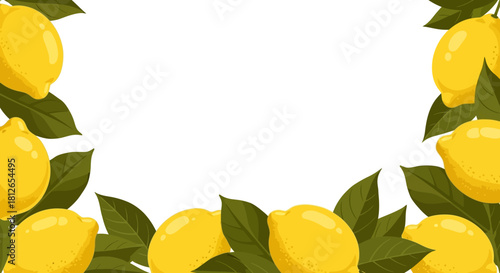 Refreshing Corner Border Frame of Ripe Yellow Lemons and Green Leaves Vector Background