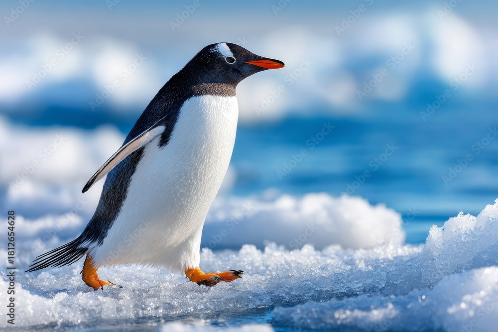 Naklejka premium Gentoo Penguin Trekking Across Ice Floes Amidst Stunning Antarctic Seascape and Wildlife Elegance