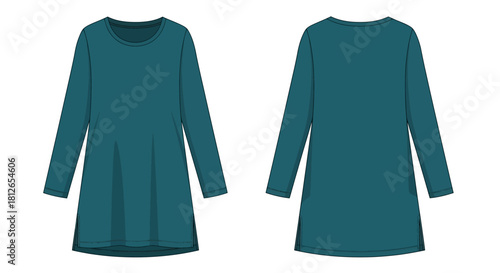 Technical Flat Sketch of Long Sleeve Tunic Top or Mini Dress with Side Slits Front and Back View