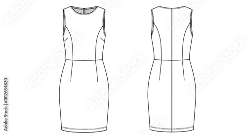 Technical Fashion Flat Sketch of Sleeveless Sheath Dress with Waist Seam Front and Back View