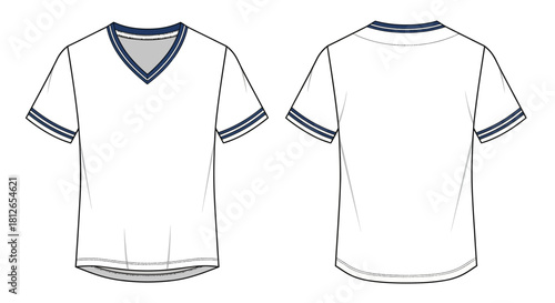 Technical Fashion Flat Sketch of Men's V-Neck T-Shirt with Tipping Detail Front and Back View