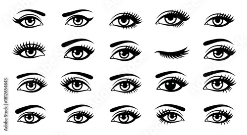 Set of Beautiful Female Eyes and Eyelashes Black and White Vector Icons