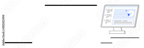 Desktop monitor featuring analytical dashboard with chart, metrics, and reports. Ideal for data visualization, productivity, technology, growth, business strategy, teamwork simple flat metaphor