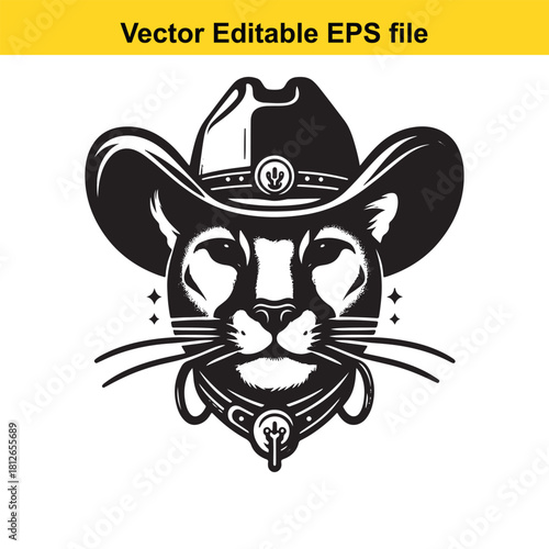 Black and white vector illustration of a cougar wearing a cowboy hat