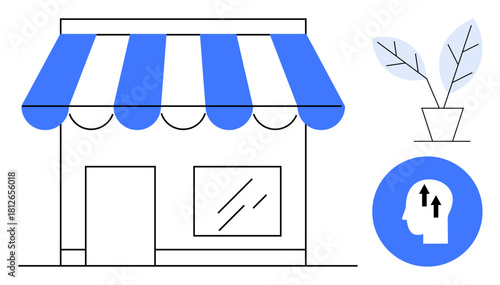 Small business growth. A storefront with a striped blue awning, a potted plant growth, and a human head icon upward innovation. For entrepreneurship, e-commerce, retail, innovation, branding
