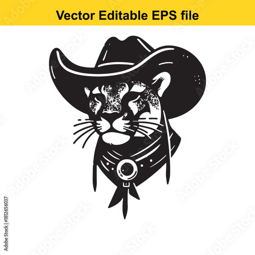 Black and white cougar head wearing cowboy hat and bandana