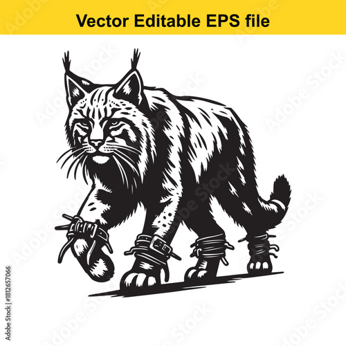 Black and white vector illustration of a lynx wearing snowshoes