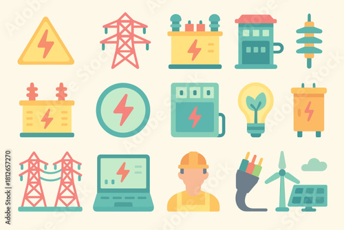 Renewable Energy and Power Grid Line Icons Set
