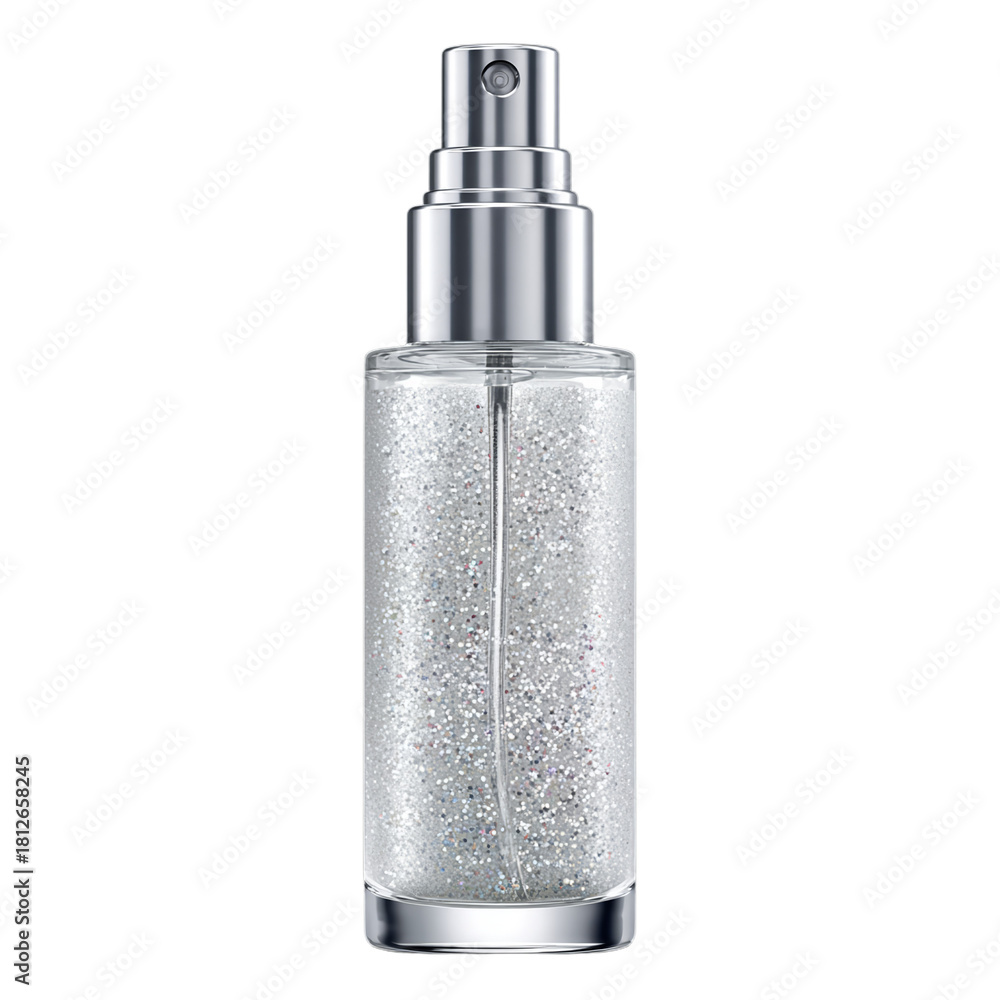 Obraz premium Frosted face mist spray with silver sparkles. Isolated white background. Png format