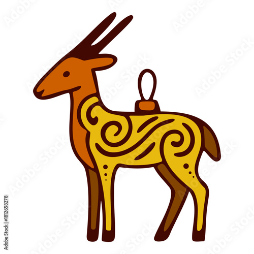 Colorful folk style deer ornament with bold patterns and warm tones, featuring swirling motifs and a hanging loop for festive or cultural decorative use.