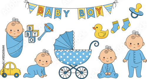 Baby boy clipart, newborn icons, cute baby set, nursery design, baby shower elements, playful illustration, flat vector illustration