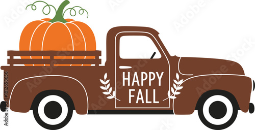 Autumn pickup truck, pumpkin harvest, fall season, vintage vehicle, cozy vibes, festive illustration, Thanksgiving decor, rustic charm, flat vector illustration