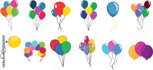 Balloons in cartoon flat style isolated set on white background. Bunch of balloons - stock vector. Balloons in cartoon flat style. Bunch of balloons. Colored balloons in simple style. Water color.