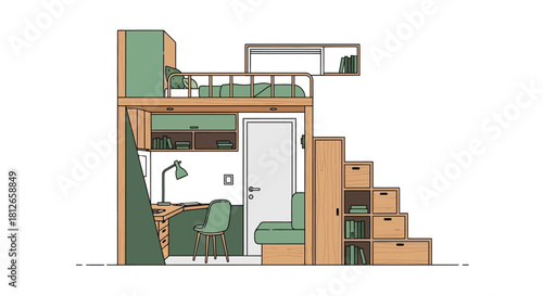A cutaway illustration of a compact studio apartment with a loft bed, desk, and staircase leading to a small storage area against a white background.
