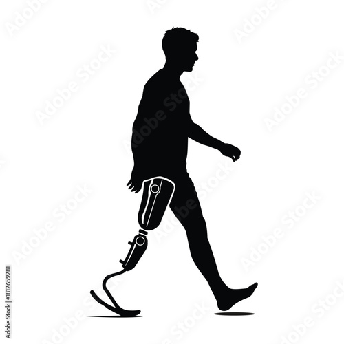 Silhouette of man walking with advanced running prosthetic leg, amputee athlete mobility concept, disability support illustration
