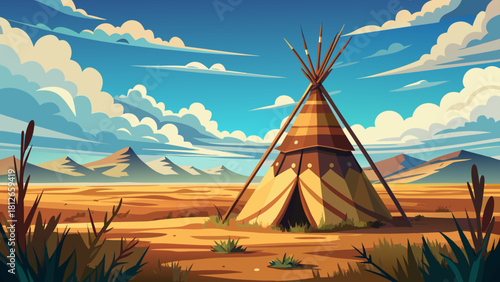 Very beautiful vintage worn leather teepee with subtle fringe details standing alone on a wide open prairie, surrounded by untouched grasslands and majestic cloud formations beneath a calm blue sky, 