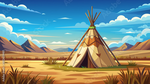 Very beautiful vintage worn leather teepee with subtle fringe details standing alone on a wide open prairie, surrounded by untouched grasslands and majestic cloud formations beneath a calm blue sky, 