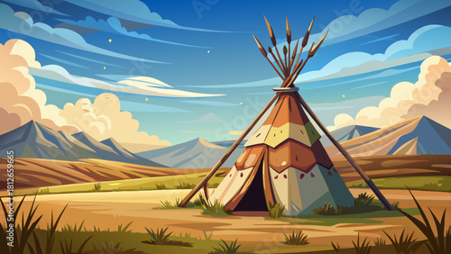 Very beautiful vintage worn leather teepee with subtle fringe details standing alone on a wide open prairie, surrounded by untouched grasslands and majestic cloud formations beneath a calm blue sky, 