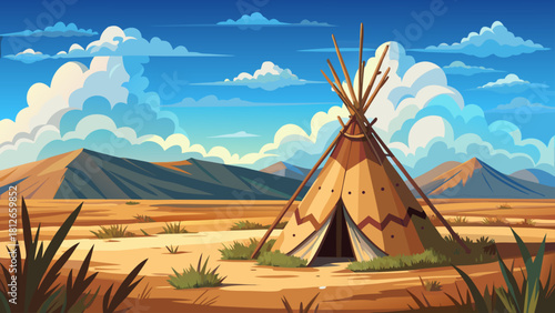 Very beautiful vintage worn leather teepee with subtle fringe details standing alone on a wide open prairie, surrounded by untouched grasslands and majestic cloud formations beneath a calm blue sky, 