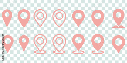 location icon, map pin icons in outline, black, and red styles. for maps, GPS, navigation apps, location markers, address indications, and geolocation interfaces